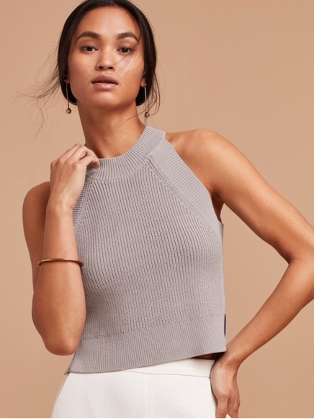 Wilfred Sleeveless Ribbed Mock Neck Tank Top in Light Gray, Size XS
